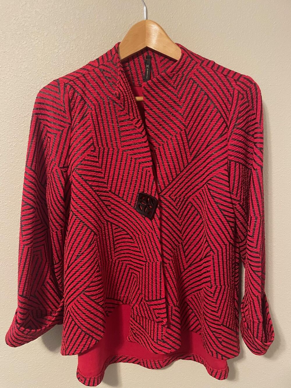 IC By Connie K Jacket Womens Small Red Geometric Textured Button Stretch USA